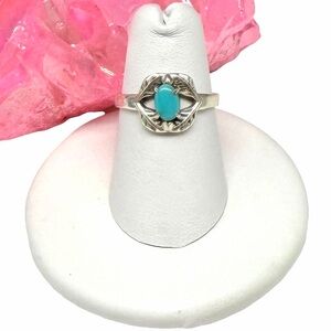 Kingman Turquoise Ring Size 6 Solid 925 Sterling Silver Dainty Etched Leaves